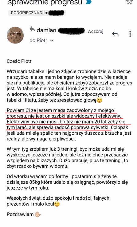 screenshot z rozmowy z podopiecznym Damianem przedstawiający jak wygląda jego progres podczas programu 90 dniowy