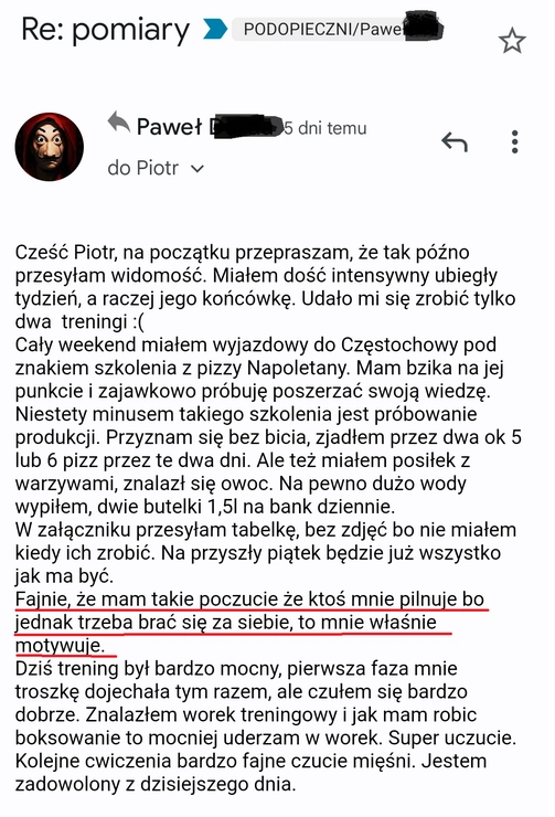 screenshot z rozmowy z podopiecznym przedstawiający jak wygląda jego progres podczas programu 90 dniowy