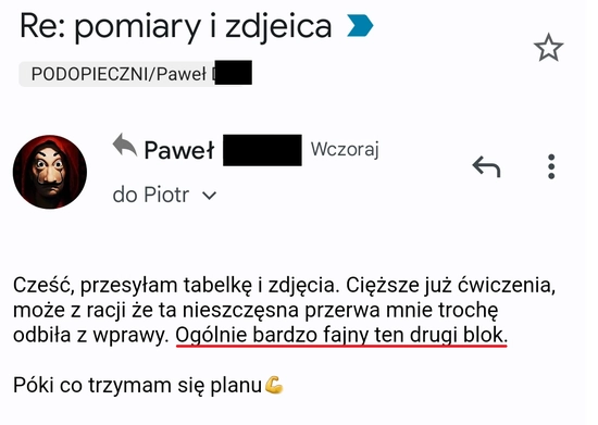 screenshot z rozmowy z podopiecznym przedstawiający jak wygląda jego progres podczas programu 90 dniowy