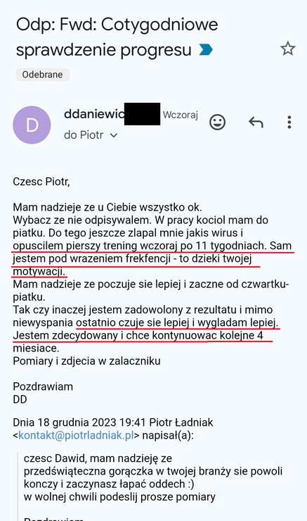 screenshot z rozmowy z podopiecznym przedstawiający jak wygląda jego progres podczas programu 90 dniowy