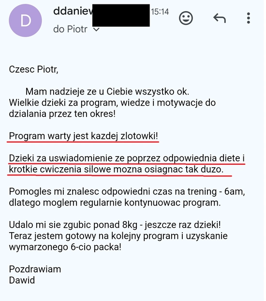 screenshot z rozmowy z podopiecznym przedstawiający jak wygląda jego progres podczas programu 90 dniowy