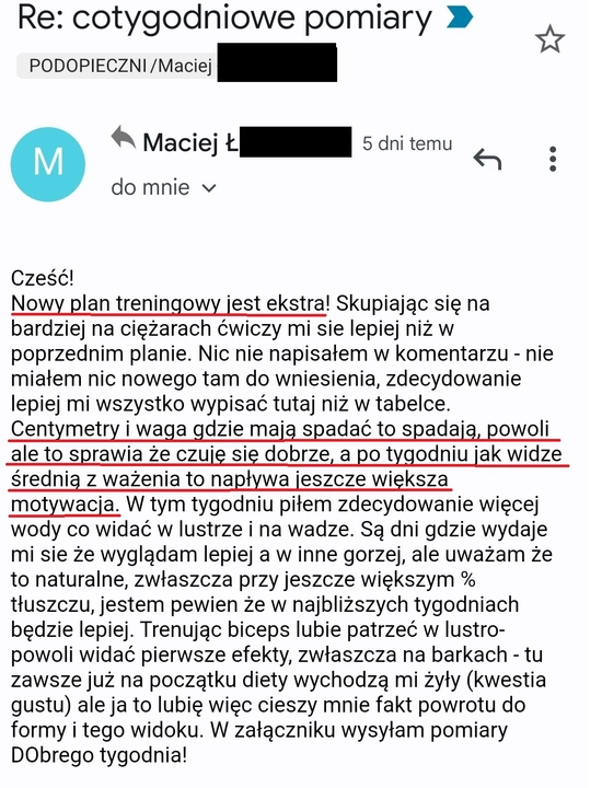 screenshot z rozmowy z podopiecznym przedstawiający jak wygląda jego progres podczas programu 90 dniowy
