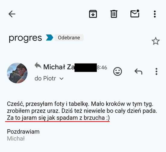 screenshot z rozmowy z podopiecznym przedstawiający jak wygląda jego progres podczas realizacji programu 90 dniowy spalacz tłuszczu