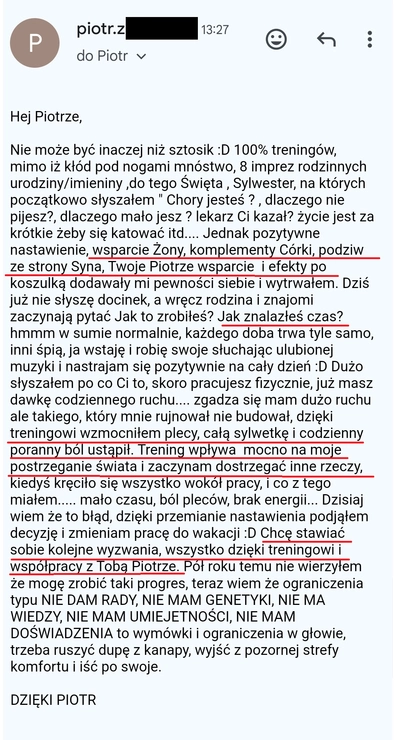 screenshot z rozmowy z podopiecznym przedstawiający jak wygląda jego progres podczas programu 90 dniowy