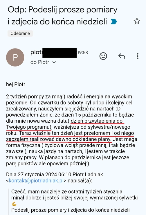 screenshot z rozmowy z podopiecznym przedstawiający jak wygląda jego progres podczas programu 90 dniowy