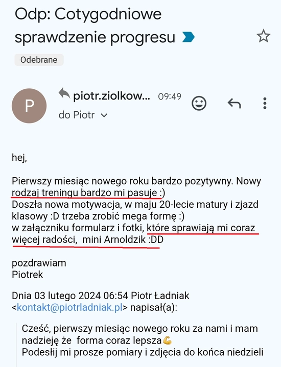 screenshot z rozmowy z podopiecznym przedstawiający jak wygląda jego progres podczas realizacji programu 90 dniowy spalacz tłuszczu