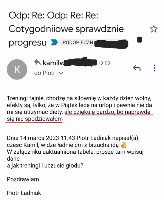 screenshot z rozmowy z podopiecznym przedstawiający jak wygląda jego progres podczas realizacji programu 90 dniowy spalacz tłuszczu