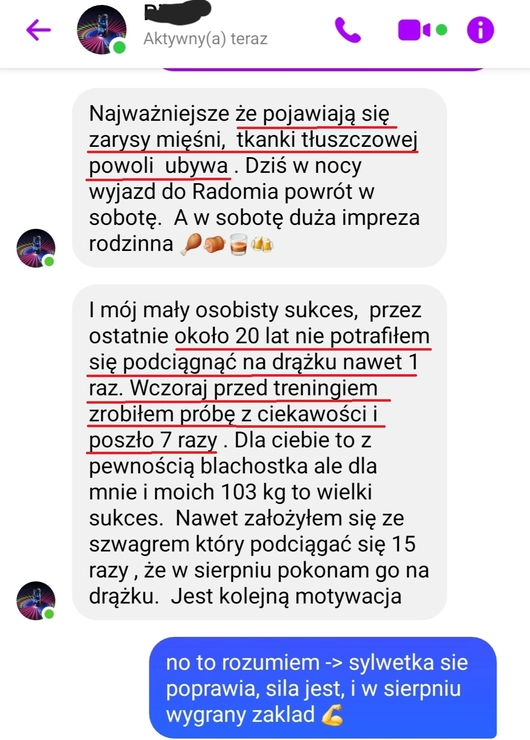 screenshot z rozmowy z podopiecznym przedstawiający jak wygląda jego progres podczas realizacji programu 90 dniowy spalacz tłuszczu