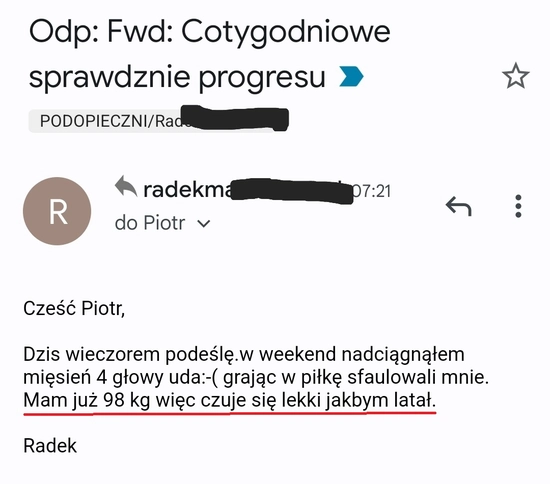 screenshot z rozmowy z podopiecznym przedstawiający jak wygląda jego progres podczas realizacji programu 90 dniowy spalacz tłuszczu