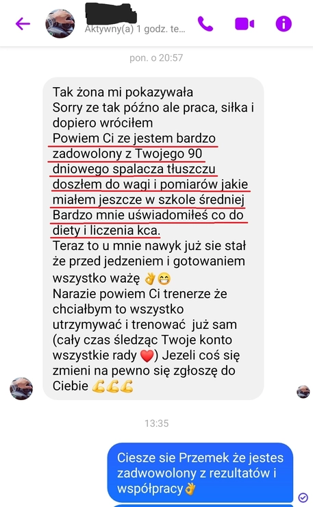 screenshot z rozmowy z podopiecznym przedstawiający jak wygląda jego progres podczas realizacji programu 90 dniowy spalacz tłuszczu