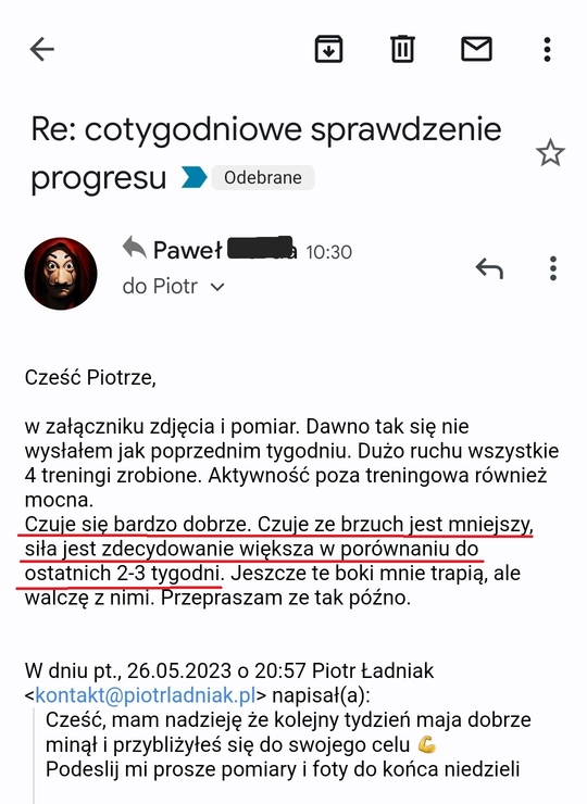 screenshot z rozmowy z podopiecznym przedstawiający jak wygląda jego progres podczas realizacji programu 90 dniowy spalacz tłuszczu