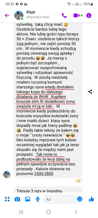 screenshot z rozmowy z podopiecznym przedstawiający jak wygląda jego progres podczas realizacji programu 90 dniowy spalacz tłuszczu