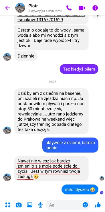 screenshot z rozmowy z podopiecznym przedstawiający jak wygląda jego progres podczas realizacji programu 90 dniowy spalacz tłuszczu