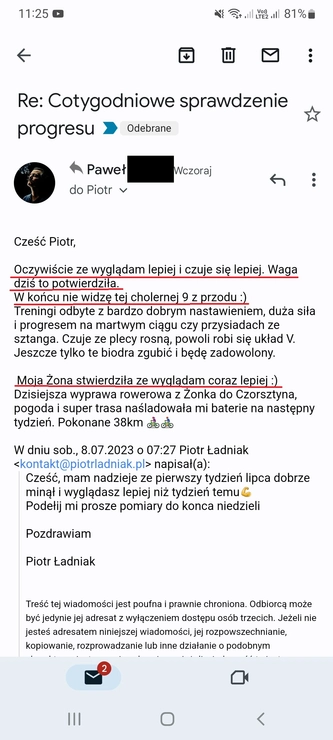 screenshot z rozmowy z podopiecznym przedstawiający jak wygląda jego progres podczas realizacji programu 90 dniowy spalacz tłuszczu