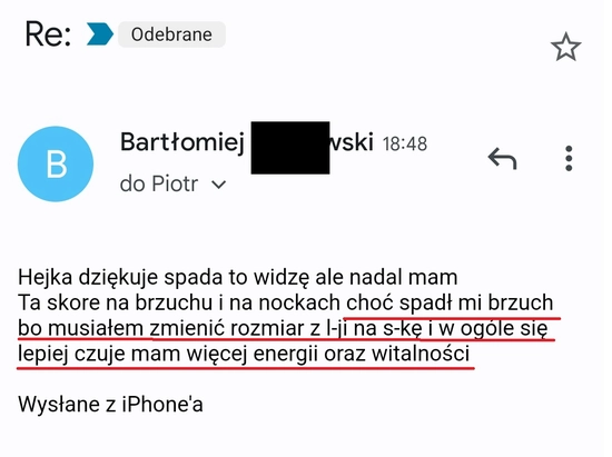 screenshot z rozmowy z podopiecznym przedstawiający jak wygląda jego progres podczas programu 90 dniowy spalacz tłuszczu, Bartłomiej ma więcej energii i witalności