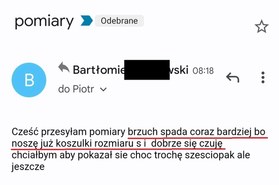 screenshot z rozmowy z podopiecznym przedstawiający jak wygląda jego progres podczas programu 90 dniowy spalacz tłuszczu