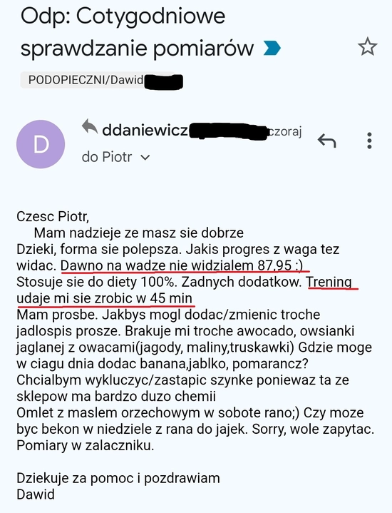 screenshot z rozmowy z podopiecznym przedstawiający jak wygląda jego progres podczas programu 90 dniowy spalacz tłuszczu