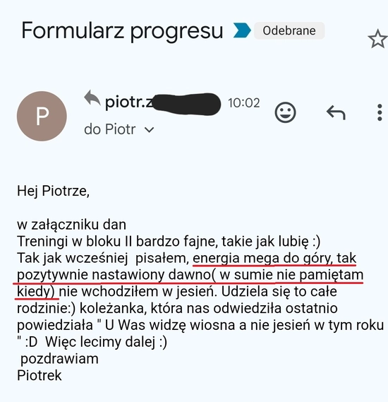 screenshot z rozmowy z podopiecznym przedstawiający jak wygląda jego progres podczas programu, metamorfozy odchudzanie mężczyzn