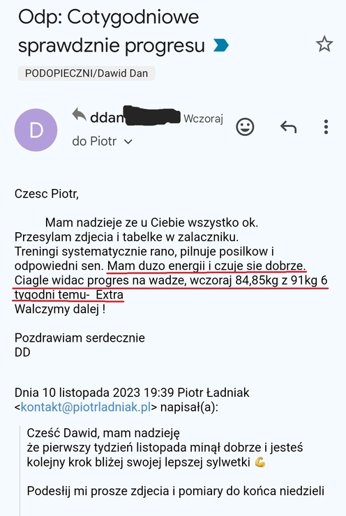 screenshot z rozmowy z podopiecznym przedstawiający jak wygląda jego progres podczas programu