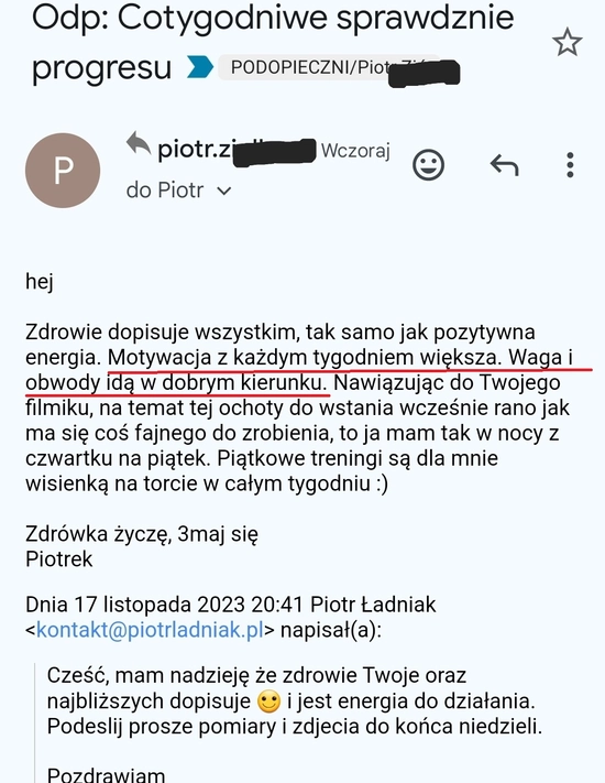 screenshot z rozmowy z podopiecznym przedstawiający jak wygląda jego progres podczas programu, metamorfozy odchudzanie mężczyzn