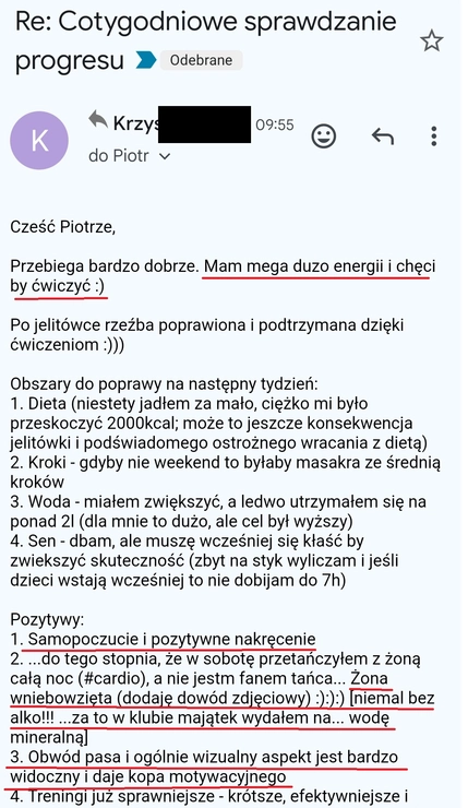 screenshot z rozmowy z podopiecznym przedstawiający jak wygląda jego progres podczas programu,
