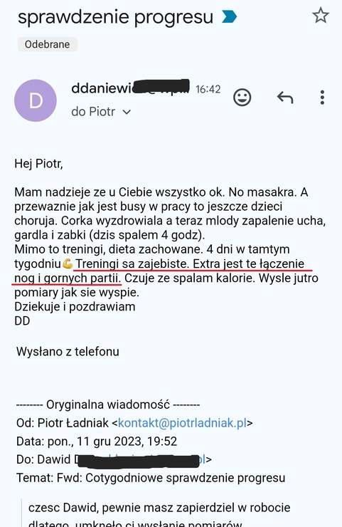screenshot z rozmowy z podopiecznym przedstawiający jak wygląda jego progres podczas programu,