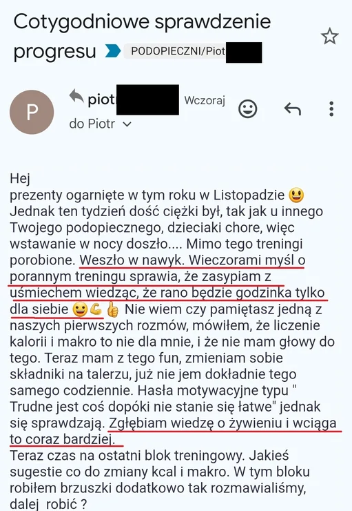 screenshot z rozmowy z podopiecznym przedstawiający jak wygląda jego progres podczas programu,