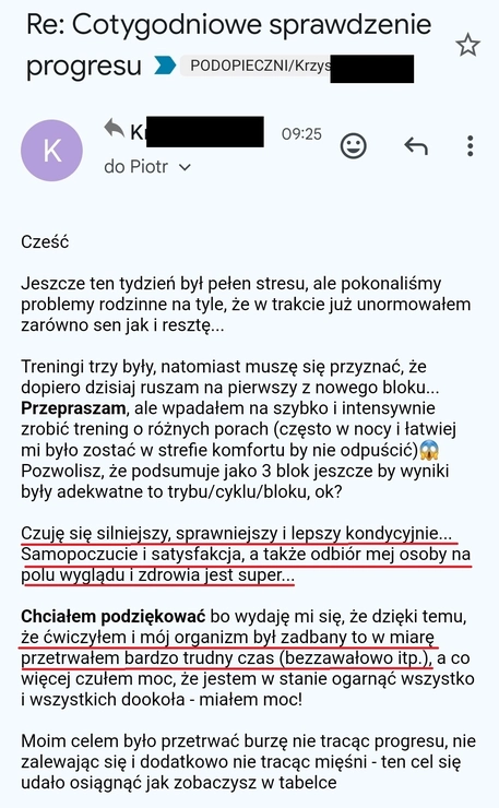 screenshot z rozmowy z podopiecznym przedstawiający jak wygląda jego progres podczas programu,