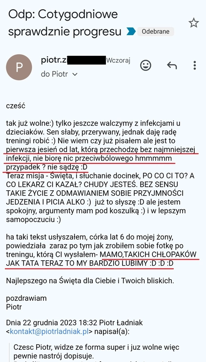screenshot z rozmowy z podopiecznym przedstawiający jak wygląda jego progres podczas programu, metamorfozy odchudzanie mężczyzn