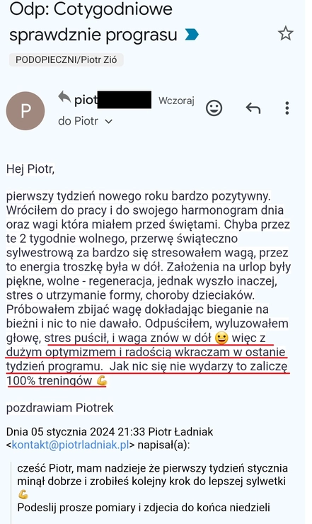 screenshot z rozmowy z podopiecznym przedstawiający jak wygląda jego progres podczas programu,