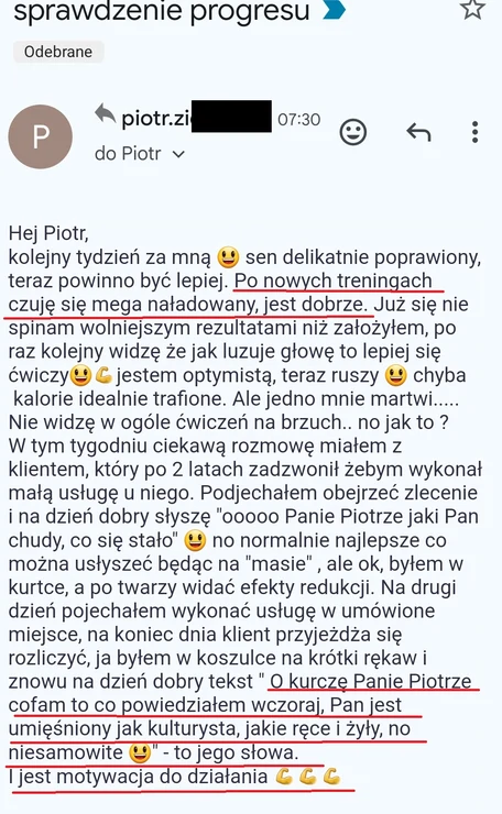 screenshot z rozmowy z podopiecznym przedstawiający jak wygląda jego progres, metamorfozy odchudzanie mężczyzn