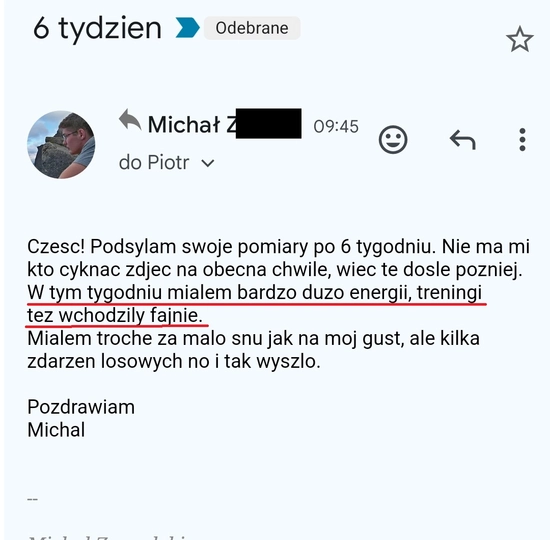 screenshot z rozmowy z podopiecznym przedstawiający jak wygląda jego progres, metamorfozy odchudzanie mężczyzn