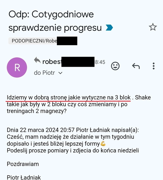 screenshot z rozmowy z podopiecznym przedstawiający jak wygląda jego progres, metamorfozy odchudzanie mężczyzn