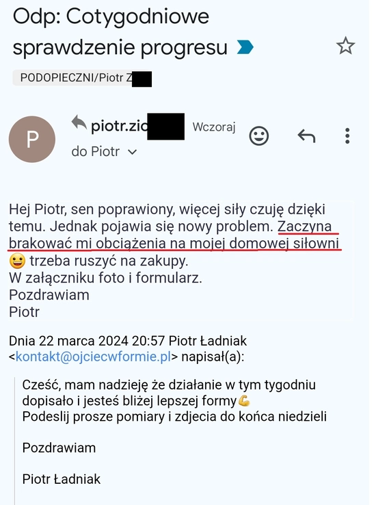 screenshot z rozmowy z podopiecznym przedstawiający jak wygląda jego progres, metamorfozy odchudzanie mężczyzn