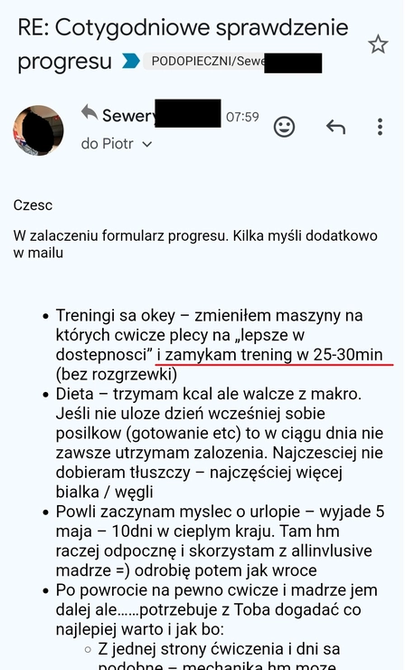 screenshot z rozmowy z podopiecznym przedstawiający jak wygląda jego progres, metamorfozy odchudzanie mężczyzn