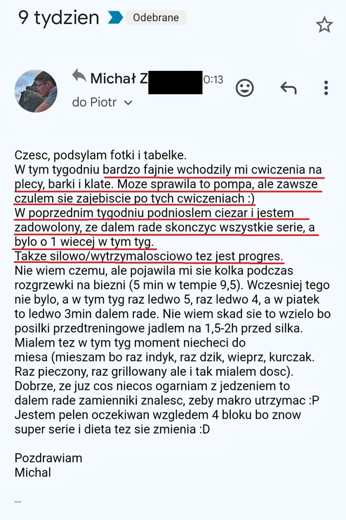 screenshot z rozmowy z podopiecznym przedstawiający jak wygląda jego progres, metamorfozy odchudzanie mężczyzn