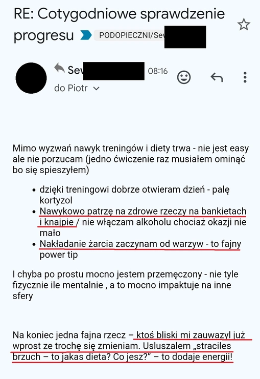 screenshot z rozmowy z podopiecznym przedstawiający jak wygląda jego progres podczas programu 90 dniowy