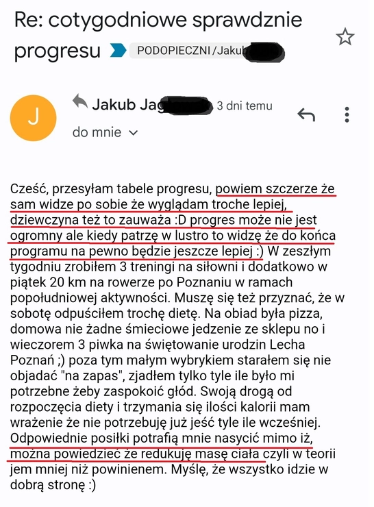 screenshot z rozmowy z podopiecznym przedstawiający jak wygląda jego progres podczas realizacji programu 90 dniowy spalacz tłuszczu