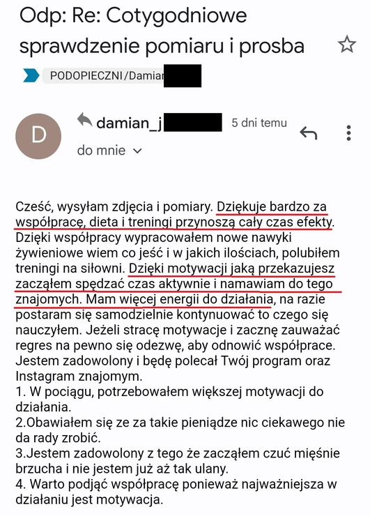 screenshot z rozmowy z podopiecznym przedstawiający jak wygląda jego progres podczas realizacji programu 90 dniowy spalacz tłuszczu