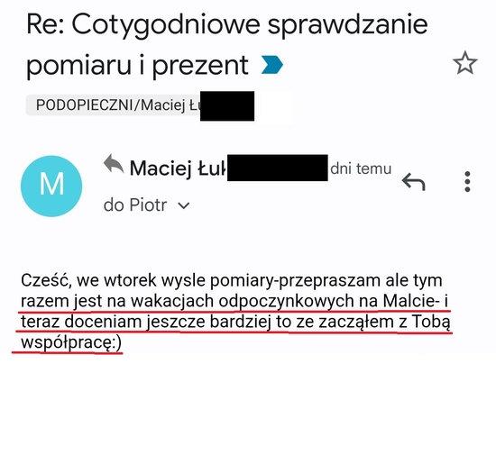 screenshot z rozmowy z podopiecznym przedstawiający jak wygląda jego progres podczas realizacji programu 90 dniowy spalacz tłuszczu