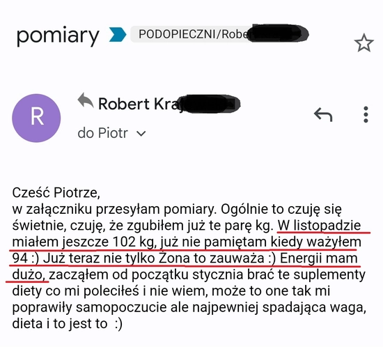 screenshot z rozmowy z podopiecznym przedstawiający jak wygląda jego progres podczas realizacji programu 90 dniowy spalacz tłuszczu