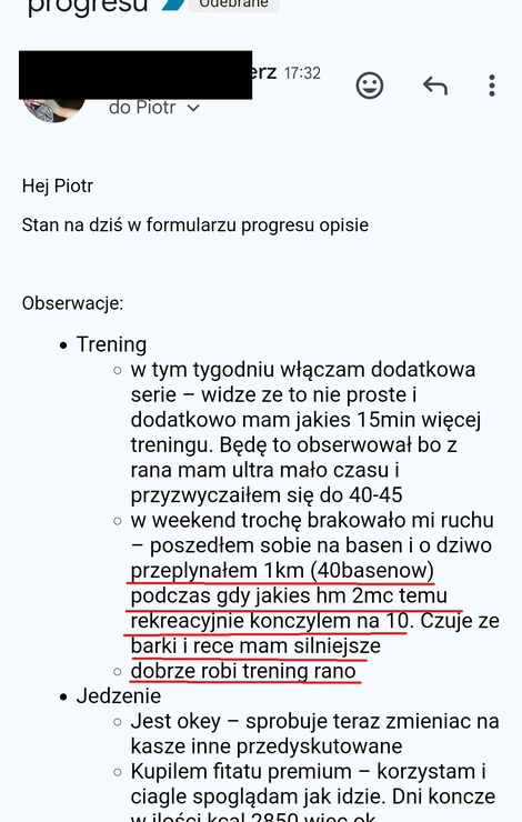 screenshot z rozmowy z podopiecznym przedstawiający jak wygląda jego progres podczas realizacji programu 90 dniowy spalacz tłuszczu