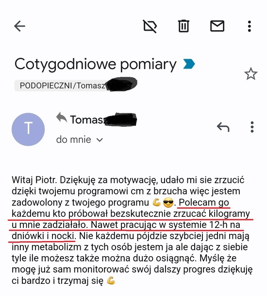 screenshot z rozmowy z podopiecznym przedstawiający jak wygląda jego progres podczas realizacji programu 90 dniowy spalacz tłuszczu