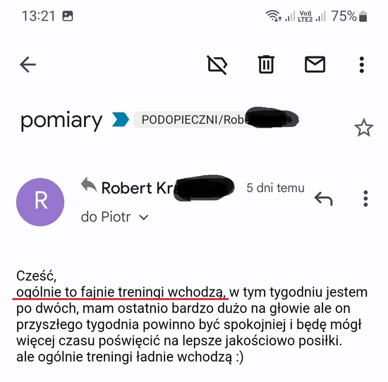 screenshot z rozmowy z podopiecznym przedstawiający jak wygląda jego progres podczas realizacji programu 90 dniowy spalacz tłuszczu