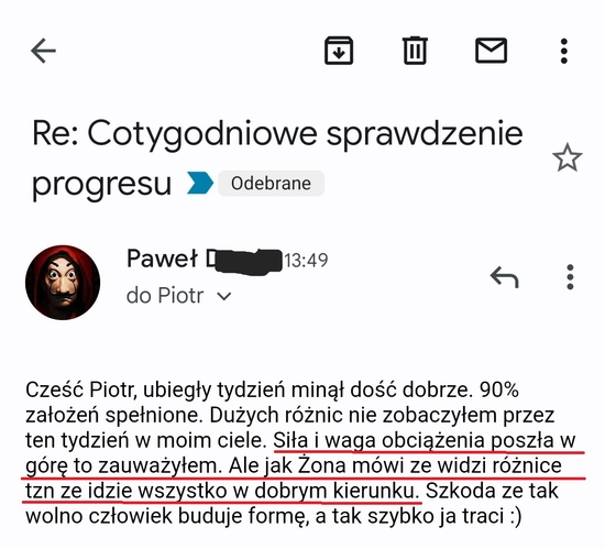 screenshot z rozmowy z podopiecznym przedstawiający jak wygląda jego progres podczas realizacji programu 90 dniowy spalacz tłuszczu