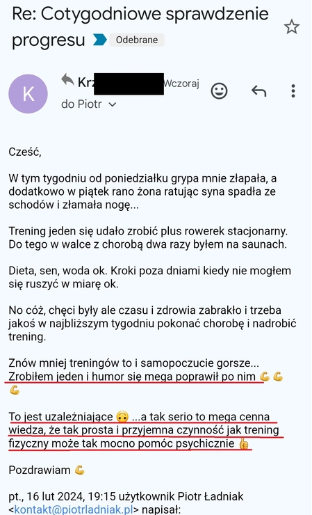 screenshot z rozmowy z podopiecznym przedstawiający jak wygląda jego progres podczas realizacji programu 90 dniowy spalacz tłuszczu
