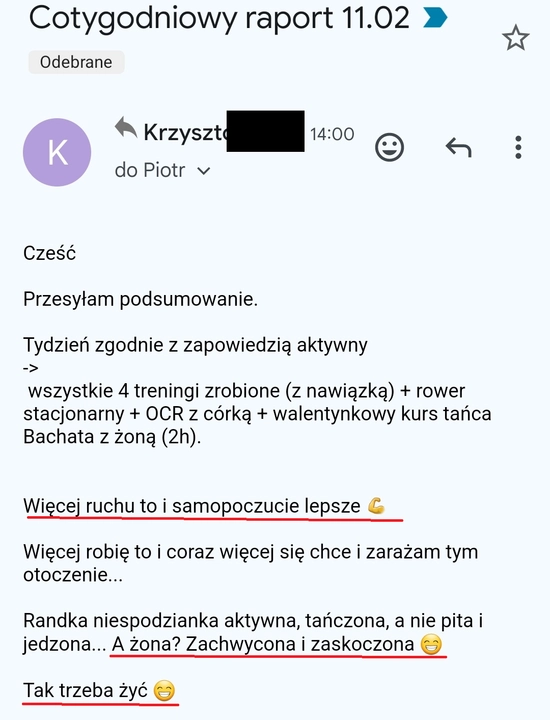 screenshot z rozmowy z podopiecznym przedstawiający jak wygląda jego progres podczas realizacji programu 90 dniowy spalacz tłuszczu