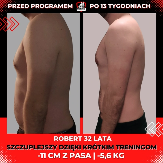 metamorfozy odchudzanie mężczyzn, zdjęcie prezentuje zmianę sylwetki Roberta 11cm z pasa -5,6kg