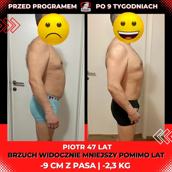 metamorfozy odchudzanie mężczyzn, zdjęcie przedstawia zmianę sylwetki Piotra 47lat, -9cm z pasa, -2,3kg