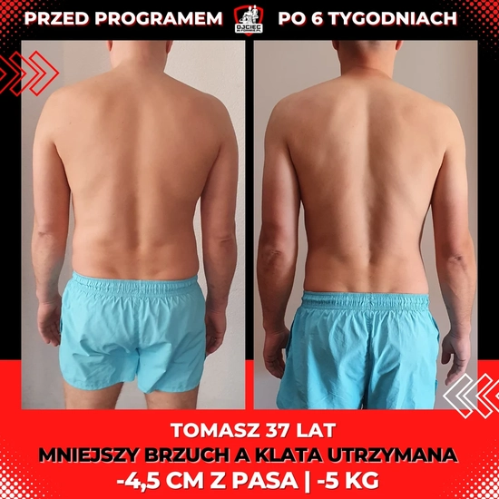 metamorfozy odchudzanie mężczyzn, zdjęcie przedstawia zmianę sylwetki Tomasza 37lat, -4,5cm z pasa, -5kg